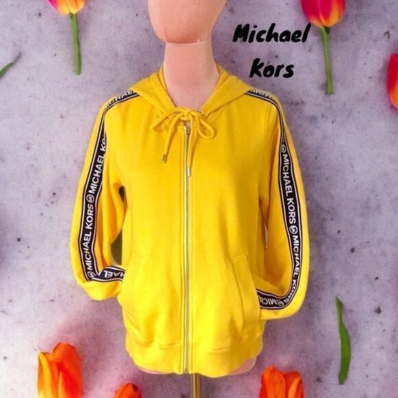 MICHAEL KORS WOMENS SWEATSHIRT HOODIE MEDIUM SIGNATURE LOGO SLEEVES GOLDENYELLOW - Picture 2 of 11